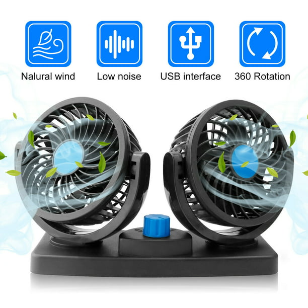 Black 12V with 360° Rotatable Dual Head Adjustable Speed Rear Seat Air Fan for Sedan SUV RV Boat Electric Auto Cooling Fan Car Fans 